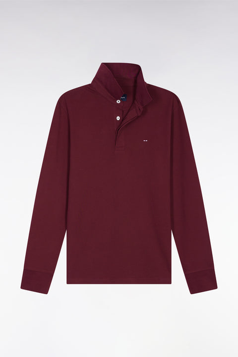 Long-sleeved polo shirt in burgundy stretch cotton, slim fit - Image 2