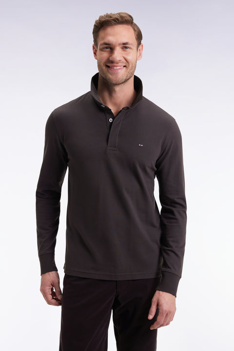 Polo à manches longues en coton stretch marron coupe slim - Image 1