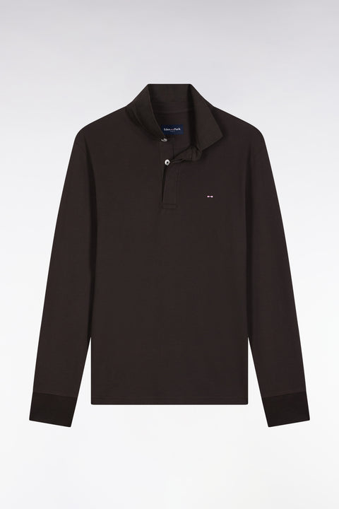 Long-sleeved polo shirt in brown stretch cotton, slim fit - Image 2