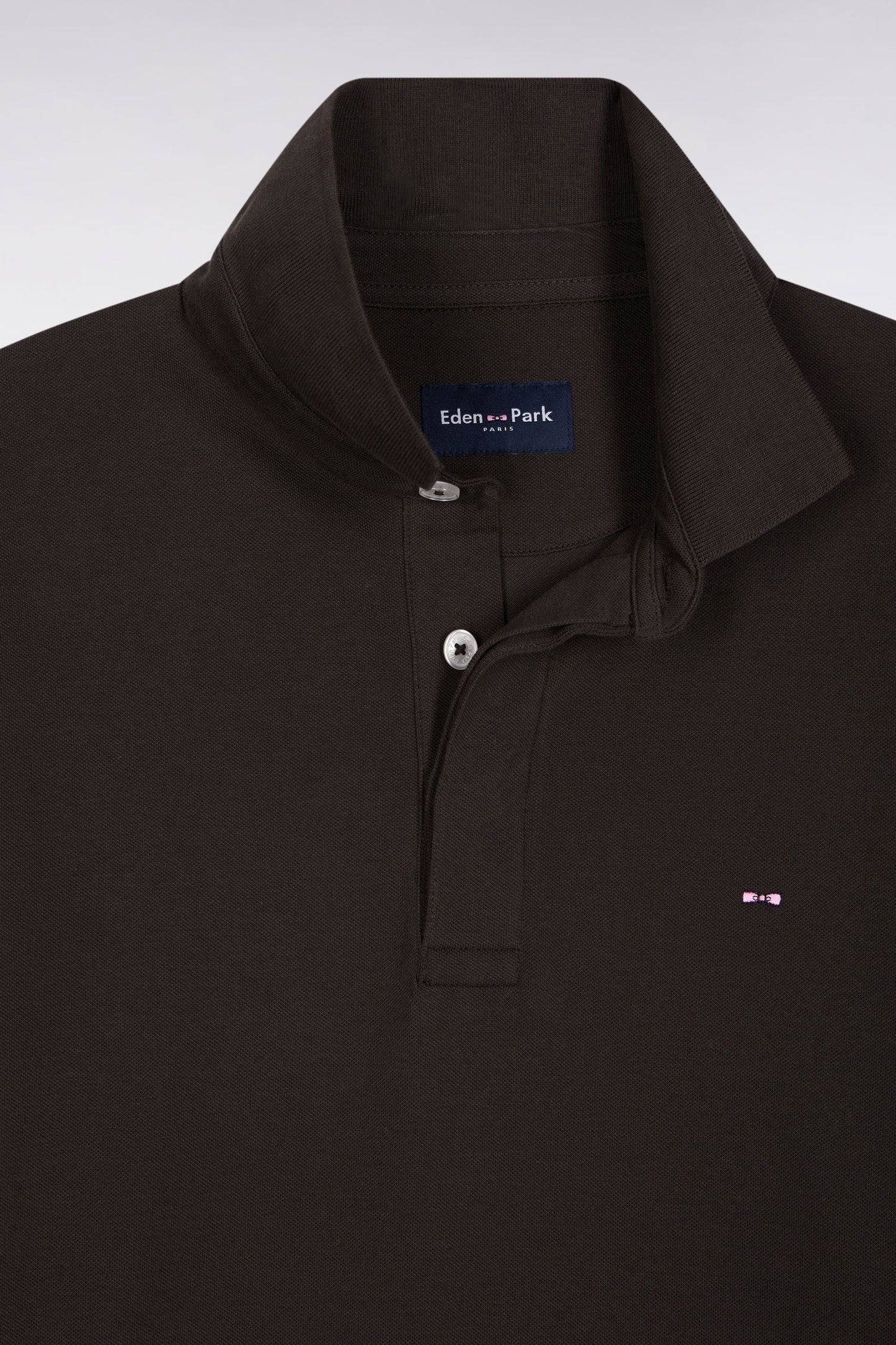 Long-sleeved polo shirt in brown stretch cotton, slim fit