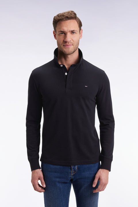 Polo à manches longues en coton stretch noir coupe slim - Image 3