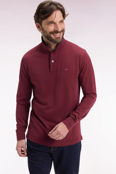Polo à manches longues en coton Pima bordeaux coupe droite - Image 1
