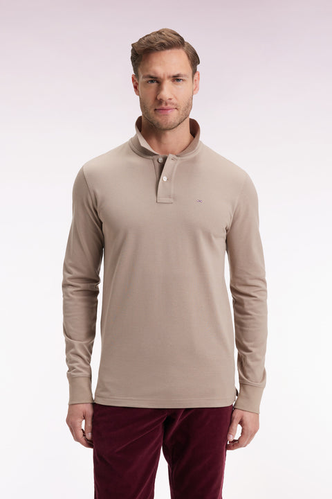 Polo à manches longues en coton Pima beige coupe droite - Image 3
