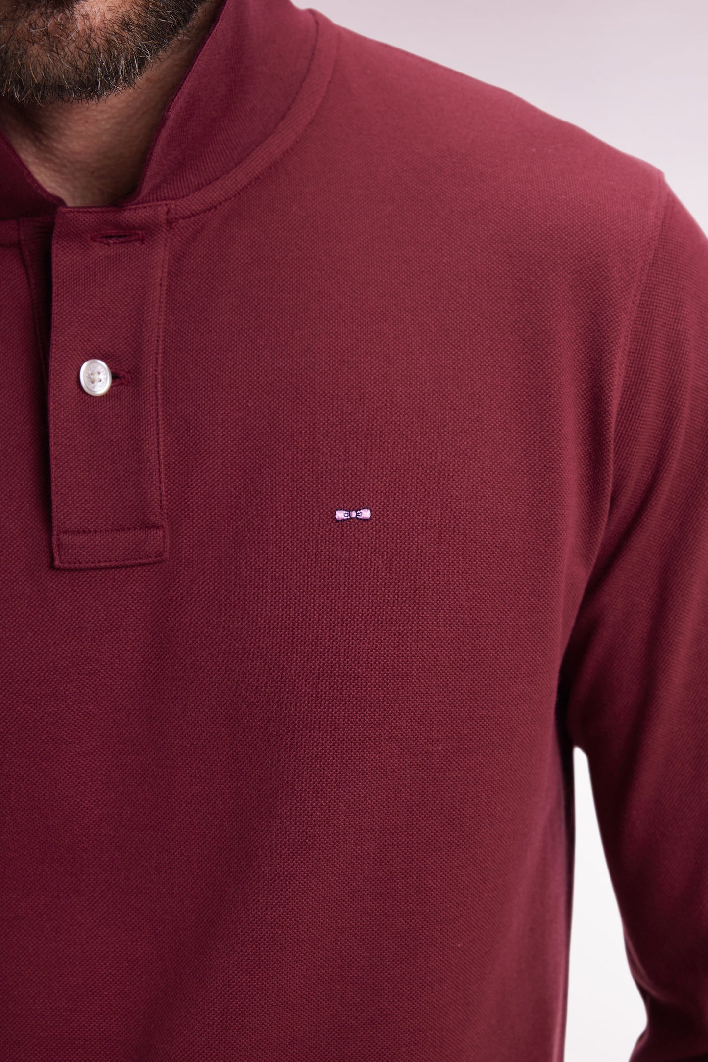 Long-sleeved polo shirt in burgundy Pima cotton, straight cut