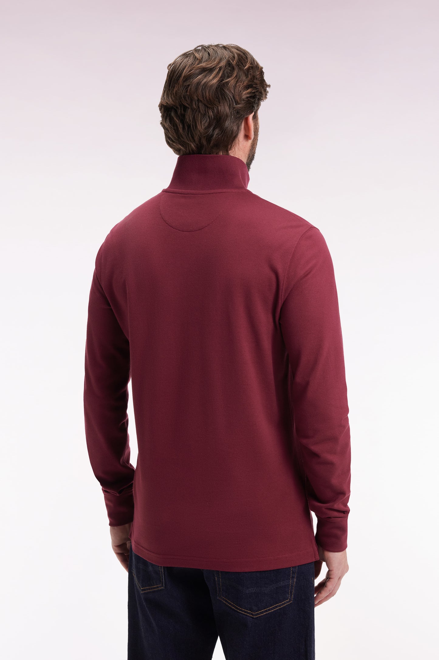 Long-sleeved polo shirt in burgundy Pima cotton, straight cut