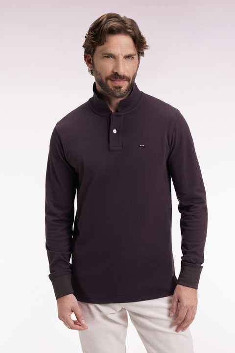 Polo à manches longues en coton Pima marron coupe droite - Image 3