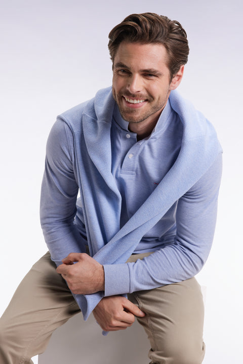 Polo à manches longues en coton chiné ciel coupe droite - Image 3