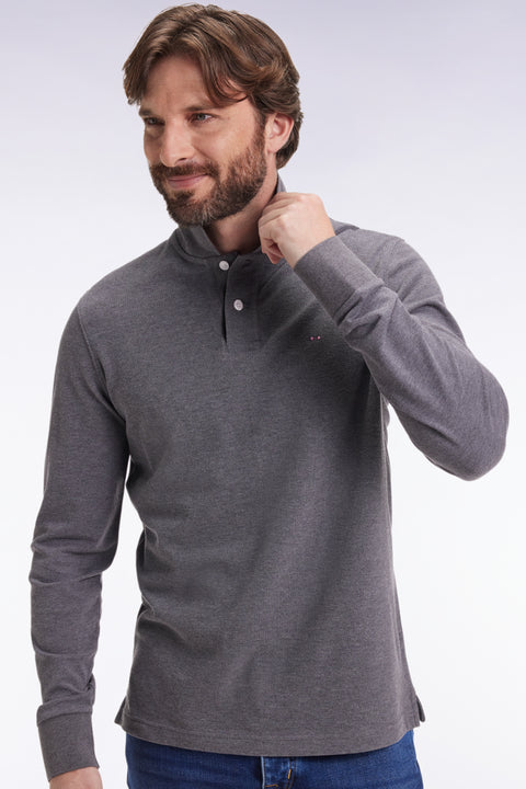 Polo à manches longues en coton chiné gris coupe droite - Image 1