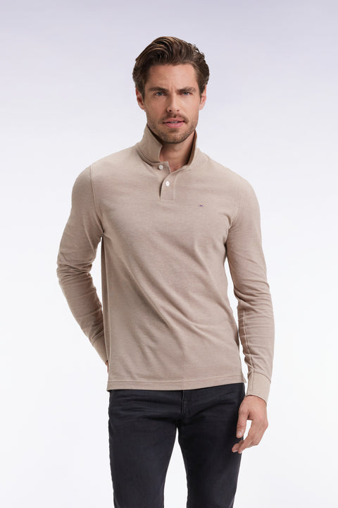 Polo à manches longues en coton chiné beige coupe droite - Image 1