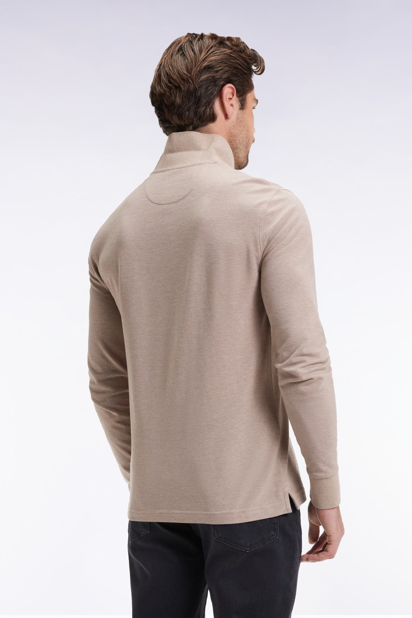 Polo à manches longues en coton chiné beige coupe droite
