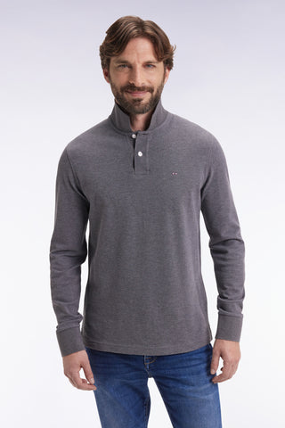 Long-sleeved polo shirt in grey mottled cotton, straight cut