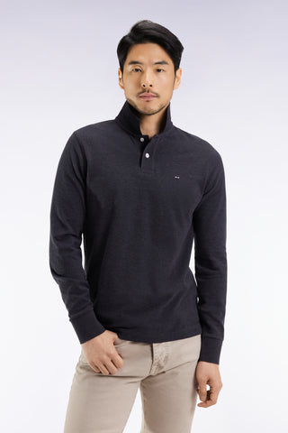 Long-sleeved polo shirt in dark grey mottled cotton, straight cut