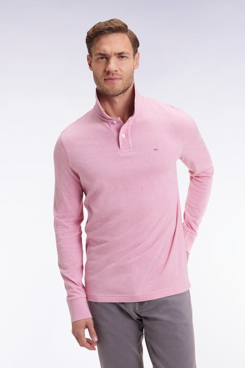 Polo à manches longues en coton chiné rose coupe droite - Image 3