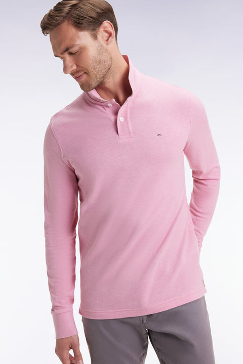 Polo à manches longues en coton chiné rose coupe droite - Image 1