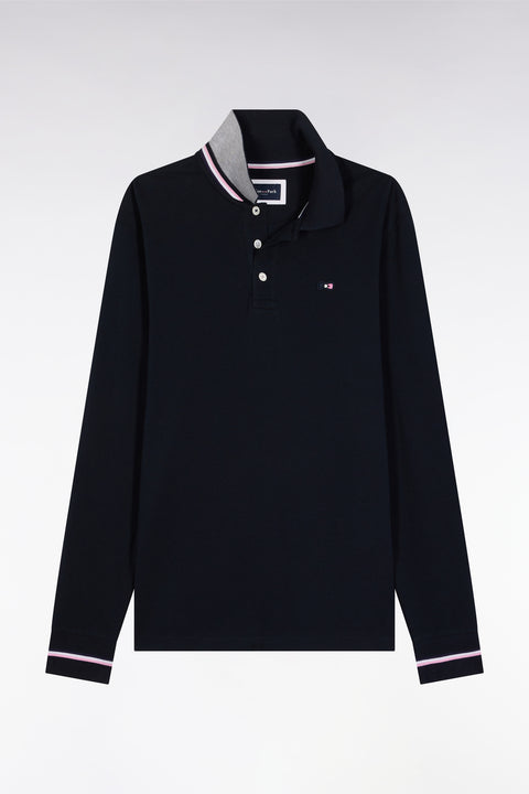 Relaxed fit long-sleeved polo shirt in navy cotton - Image 2