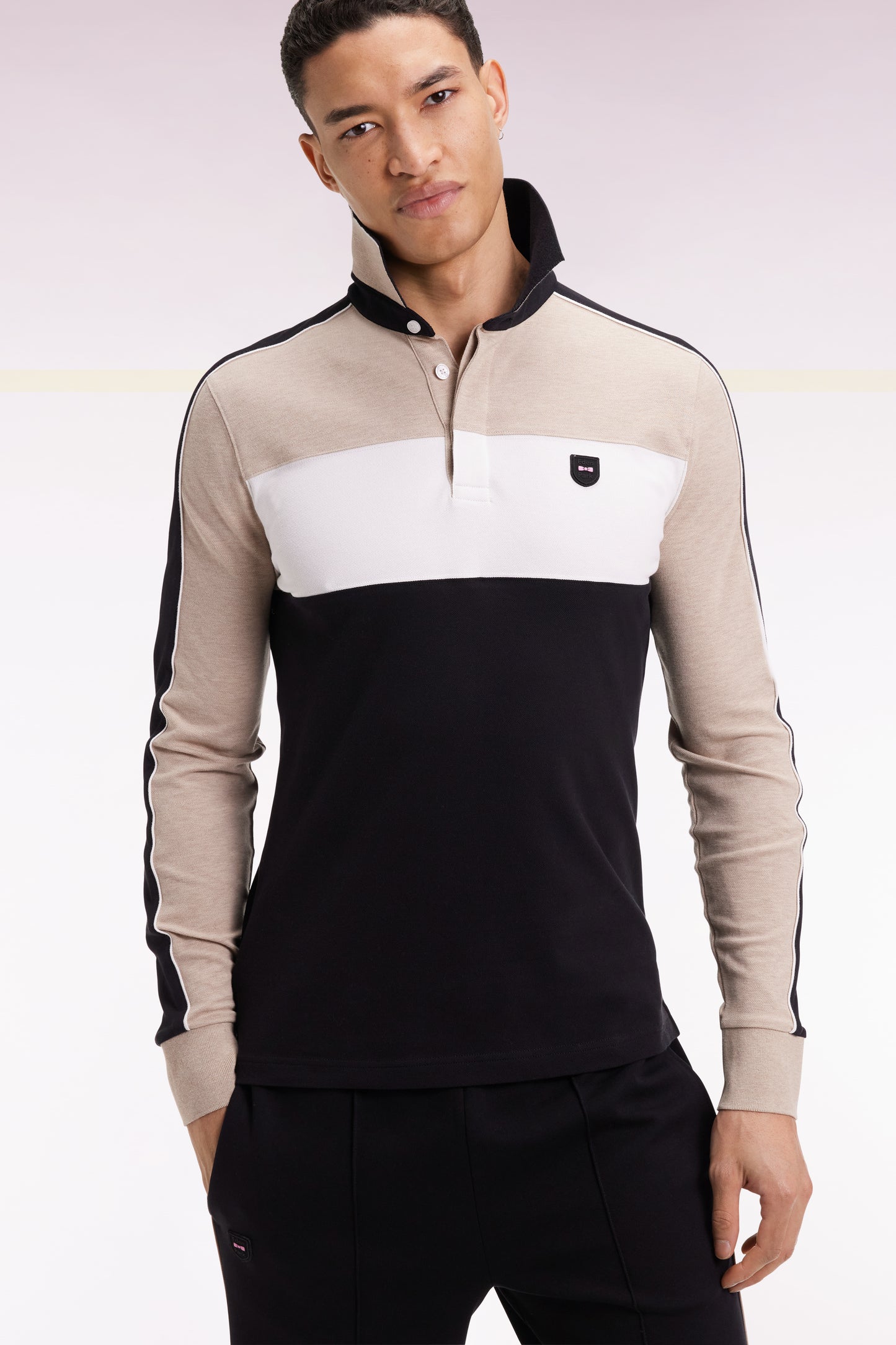 Three-tone long-sleeved polo shirt in beige stretch cotton, slim fit