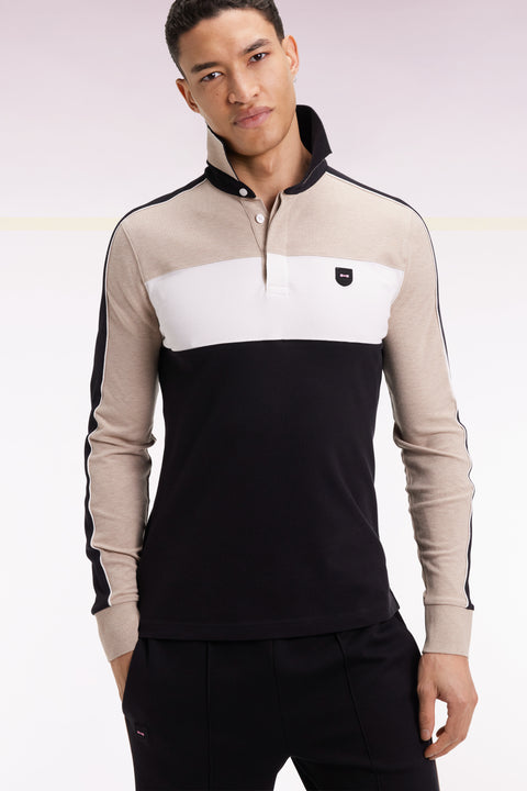 Polo tricolore à manches longues en coton stretch beige coupe slim - Image 1