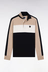 Polo tricolore à manches longues en coton stretch beige coupe slim