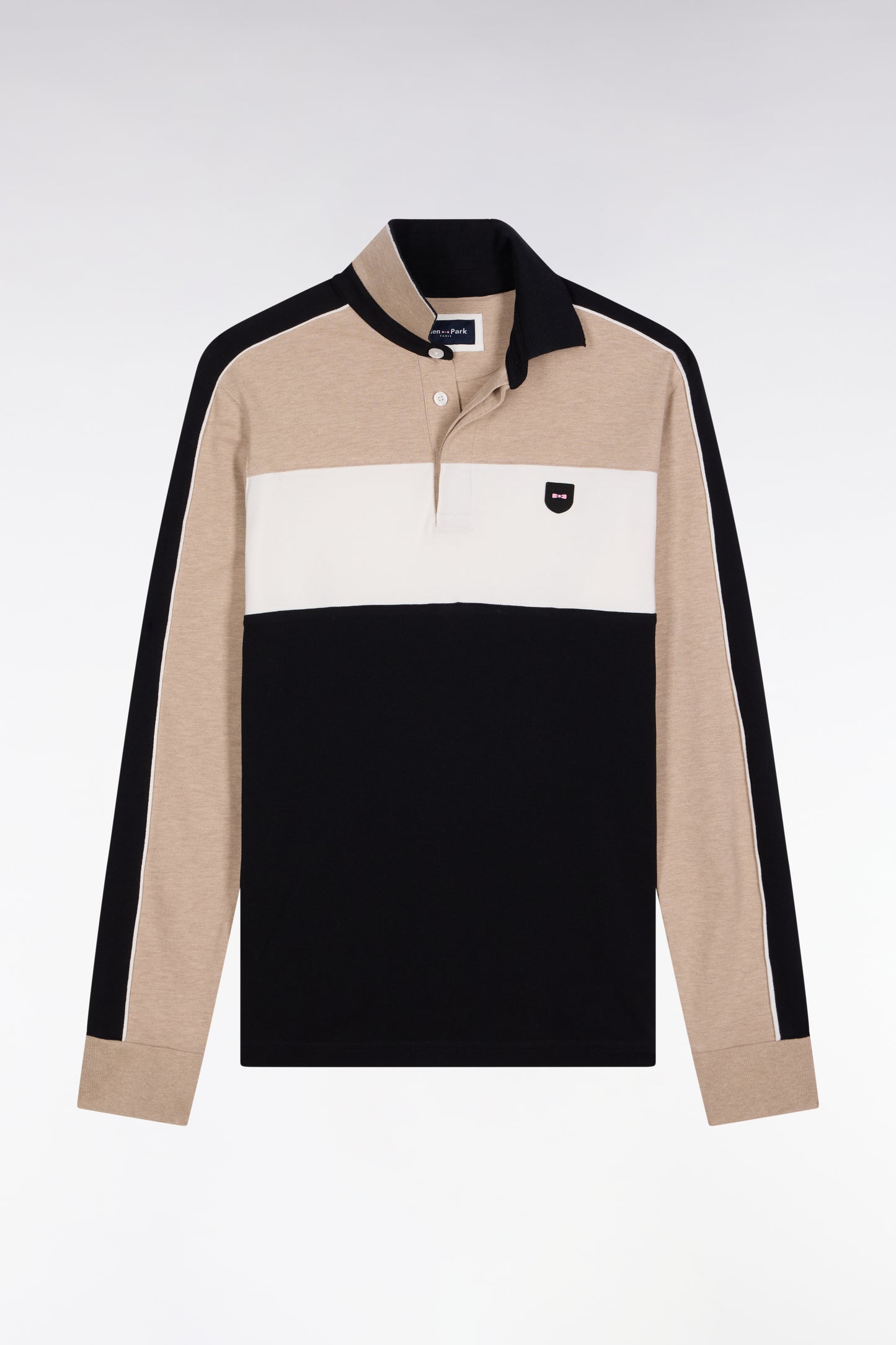 Three-tone long-sleeved polo shirt in beige stretch cotton, slim fit