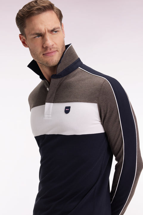 Polo tricolore à manches longues en coton stretch marron coupe slim - Image 1