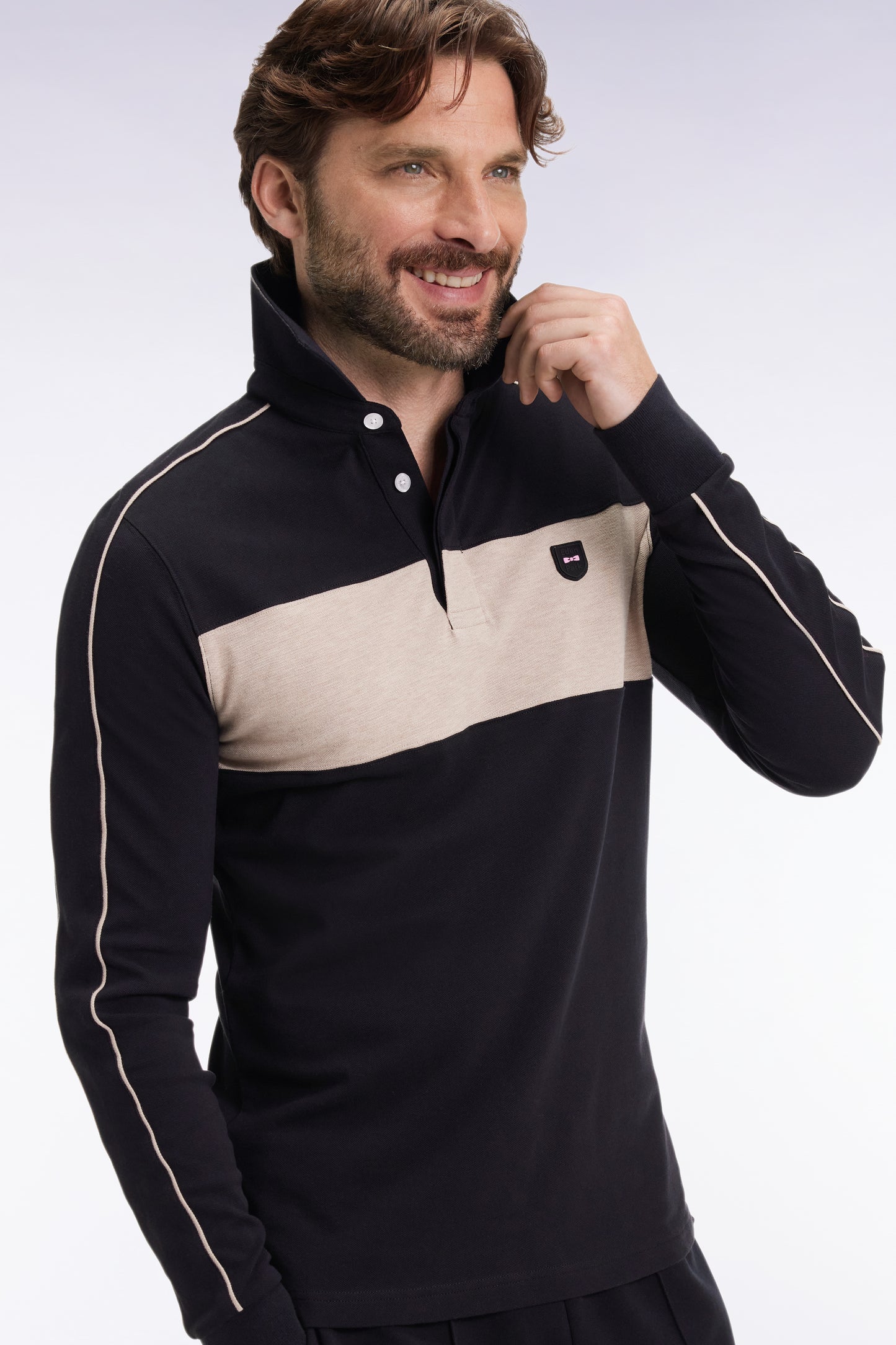 Three-tone long-sleeved polo shirt in black stretch cotton, slim fit