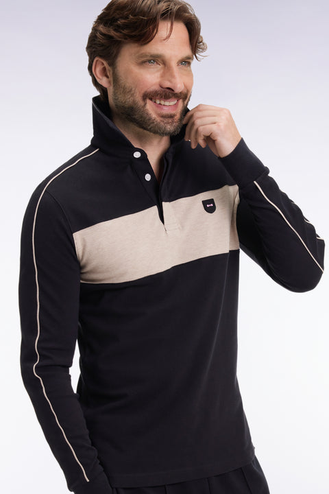 Polo tricolore à manches longues en coton stretch noir coupe slim - Image 1