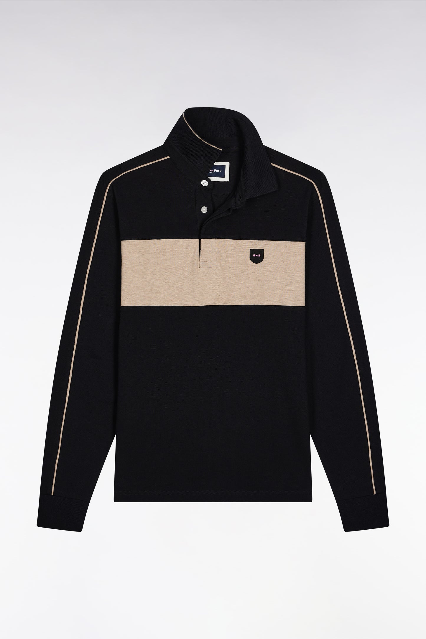 Three-tone long-sleeved polo shirt in black stretch cotton, slim fit