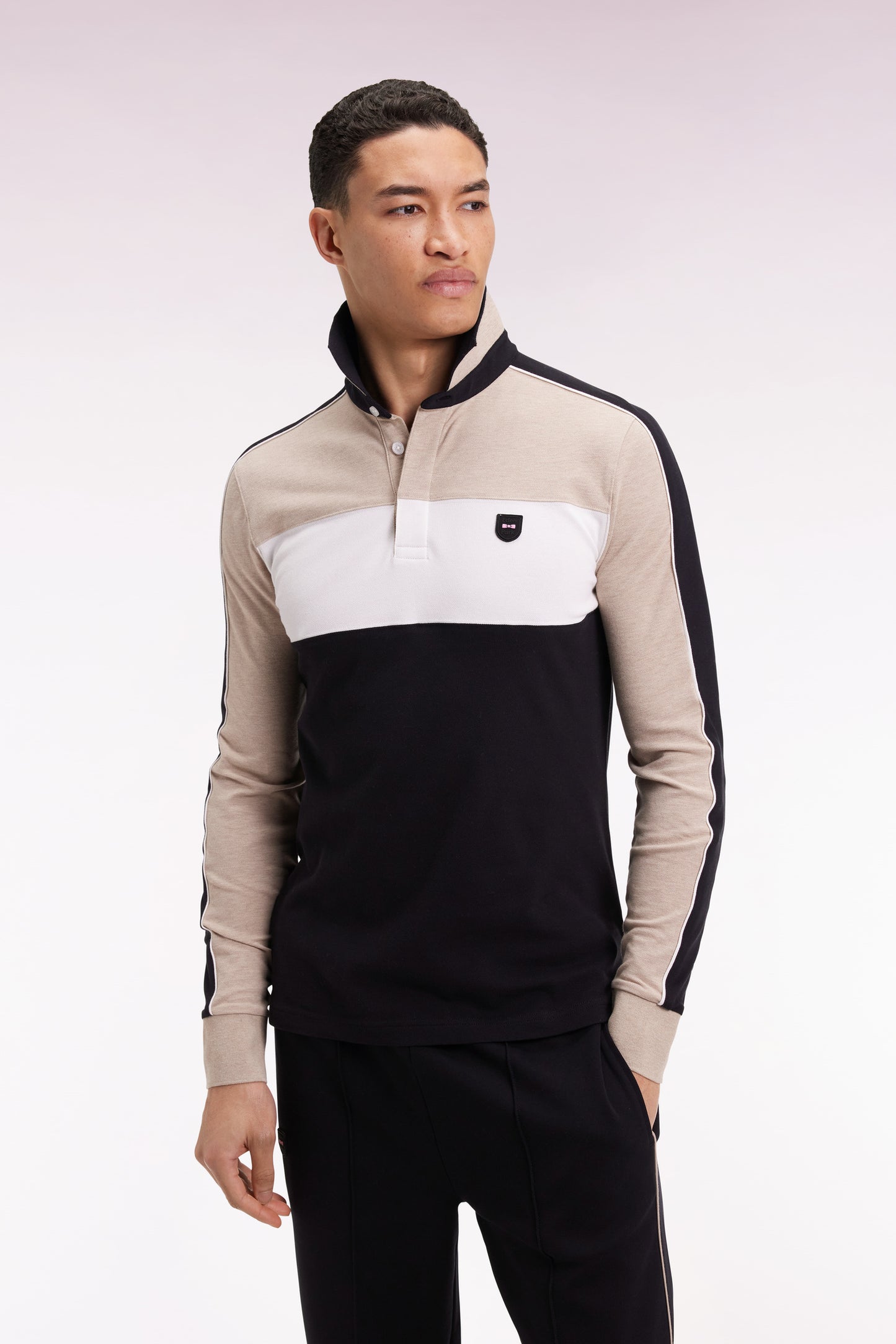 Three-tone long-sleeved polo shirt in beige stretch cotton, slim fit