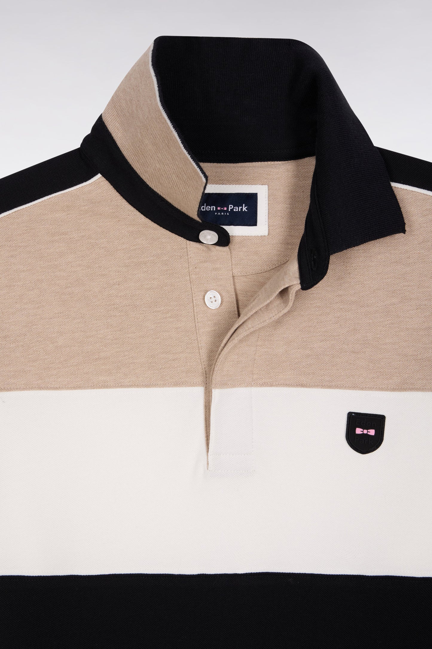 Three-tone long-sleeved polo shirt in beige stretch cotton, slim fit