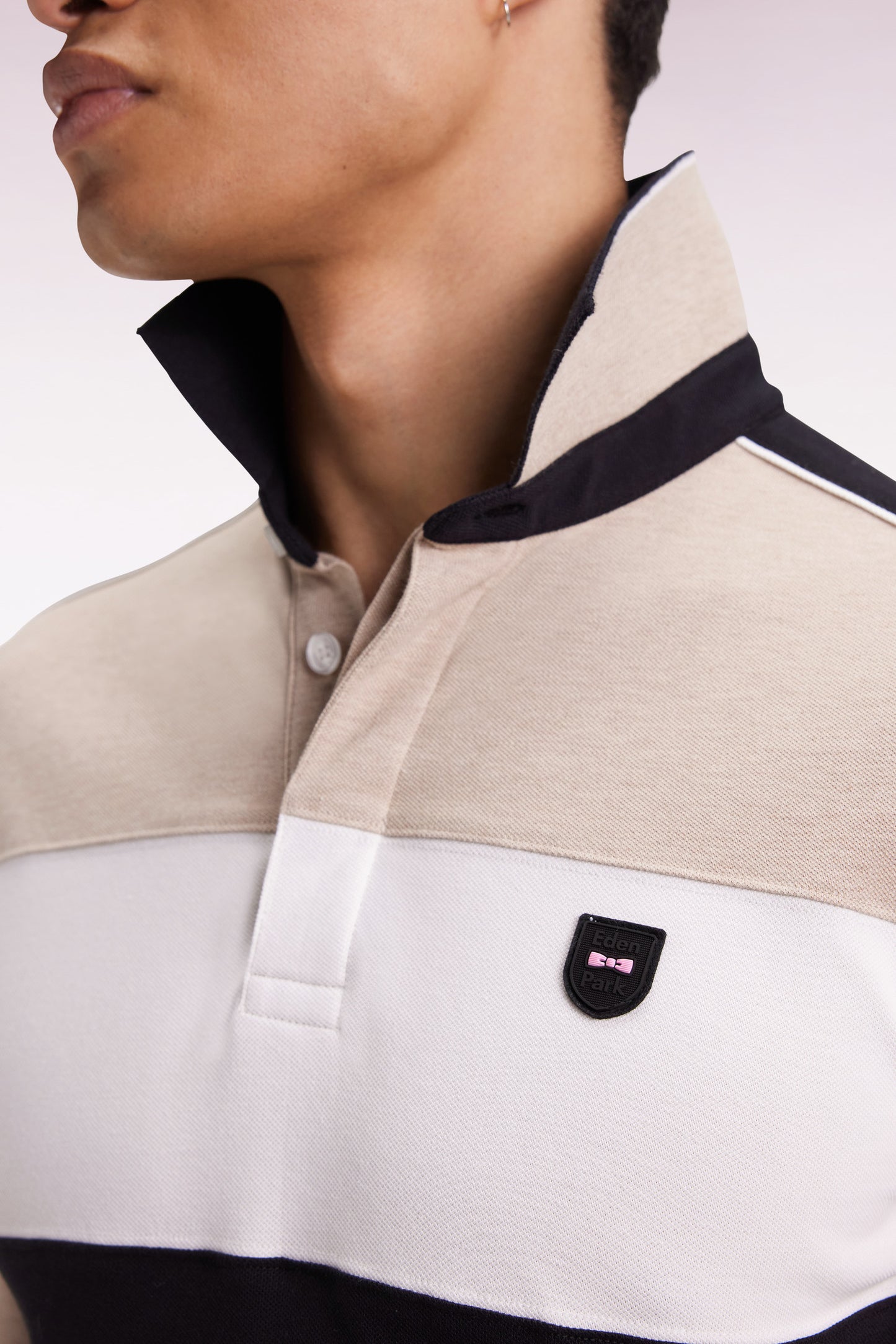 Three-tone long-sleeved polo shirt in beige stretch cotton, slim fit