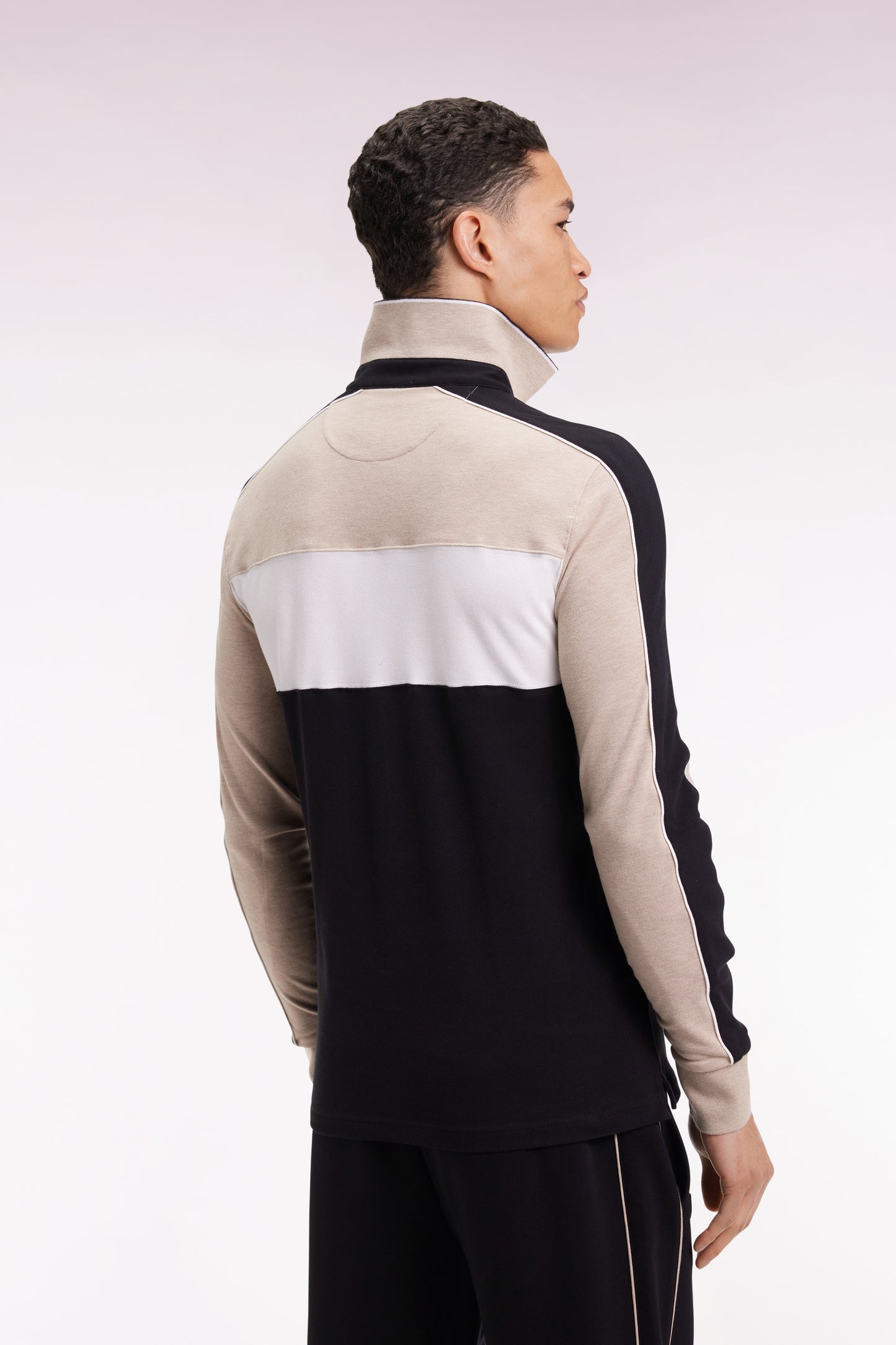 Three-tone long-sleeved polo shirt in beige stretch cotton, slim fit