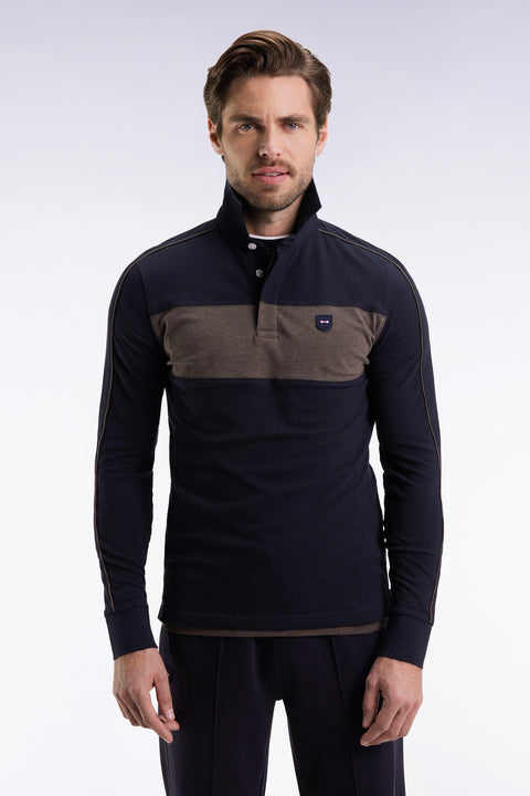 Polo tricolore à manches longues en coton stretch marine coupe slim - Image 3