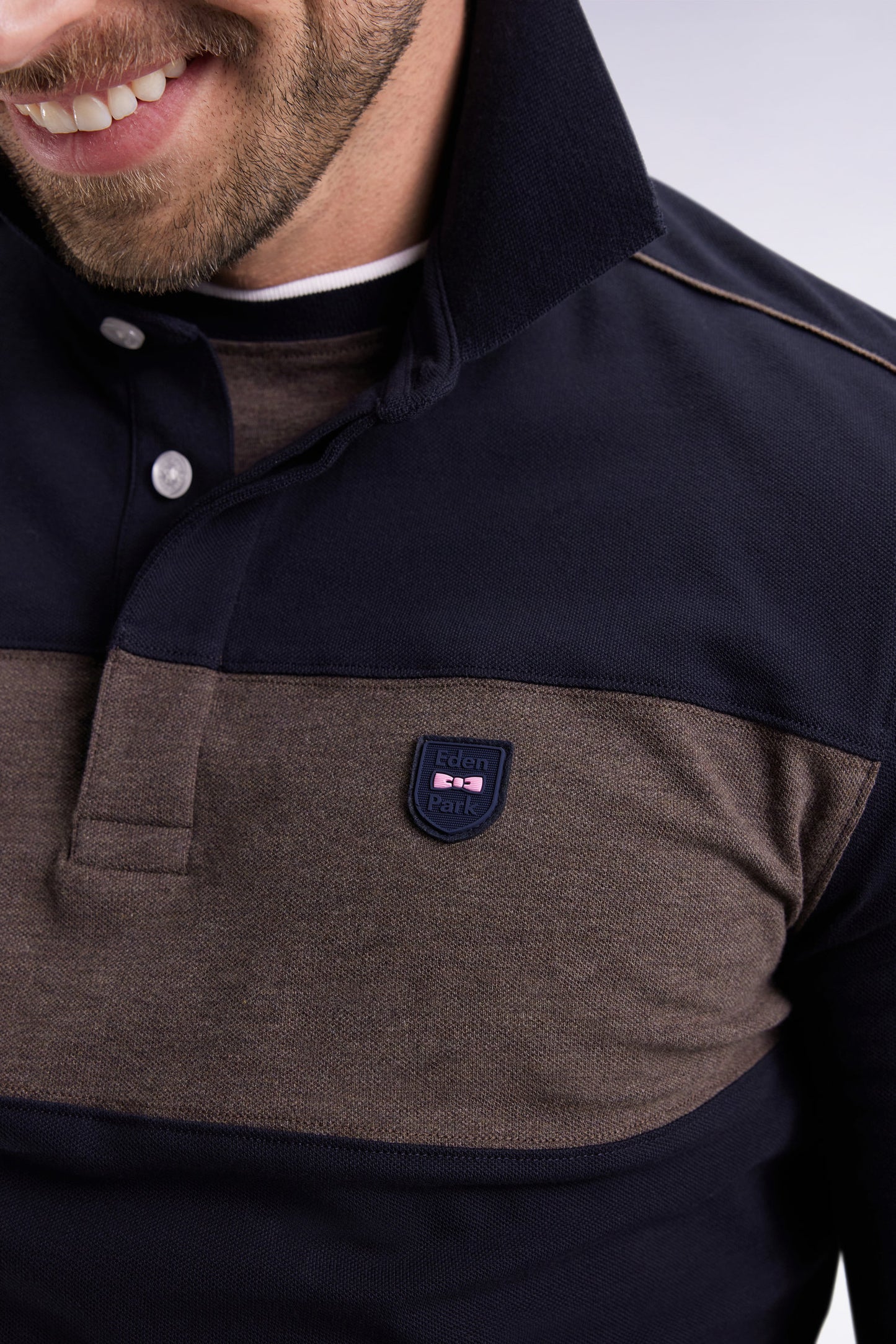 Three-tone long-sleeved polo shirt in navy stretch cotton, slim fit