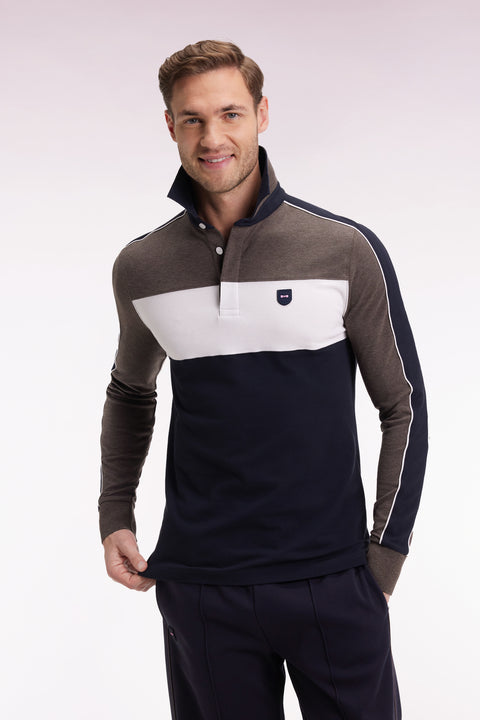 Polo tricolore à manches longues en coton stretch marron coupe slim - Image 3