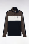 Polo tricolore à manches longues en coton stretch marron coupe slim