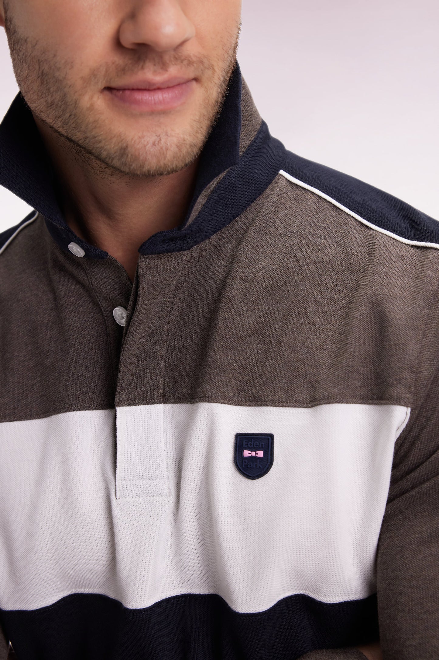 Three-tone long-sleeved polo shirt in brown stretch cotton, slim fit