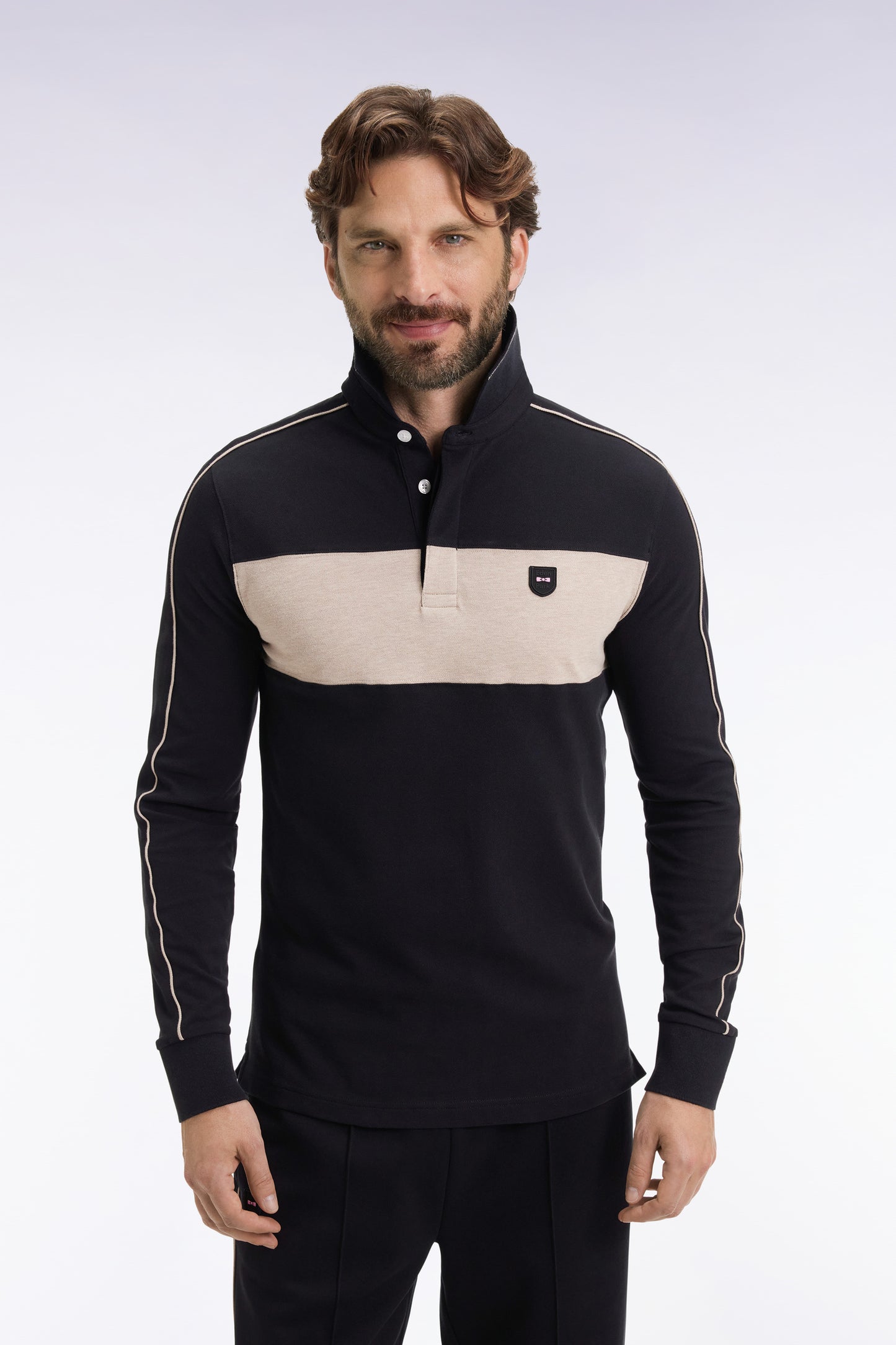 Three-tone long-sleeved polo shirt in black stretch cotton, slim fit