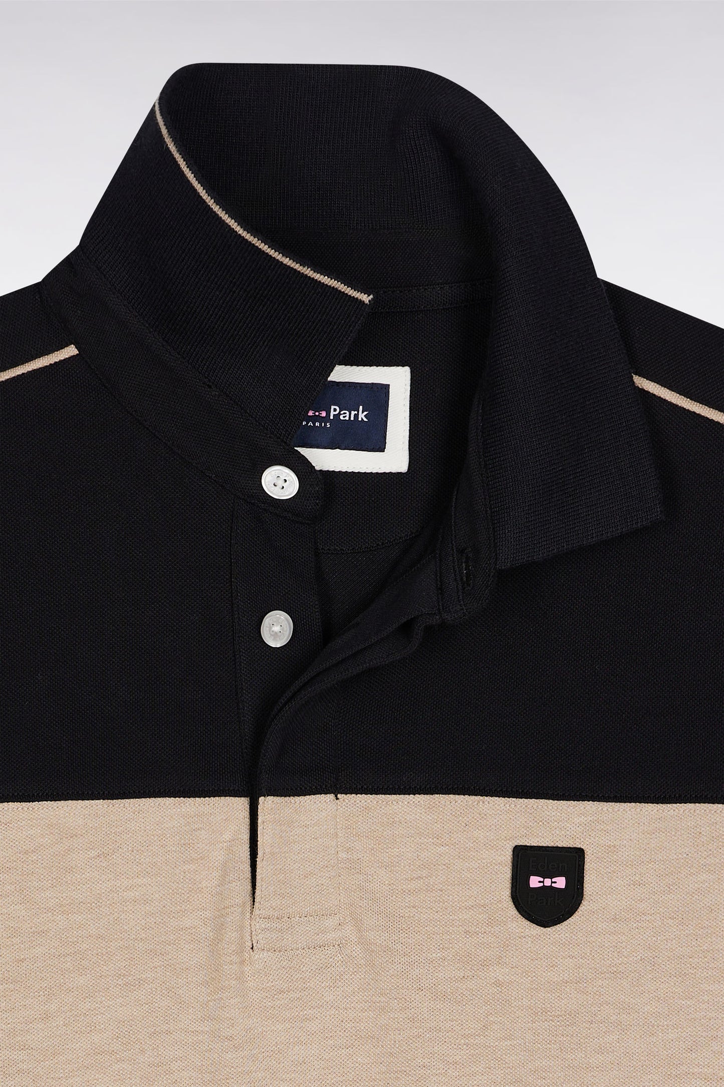 Three-tone long-sleeved polo shirt in black stretch cotton, slim fit