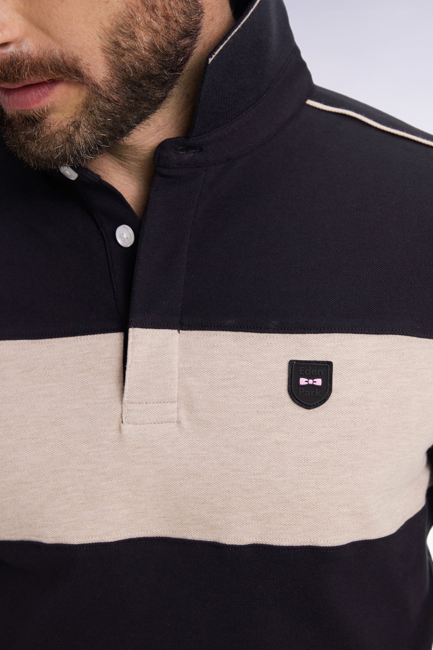 Three-tone long-sleeved polo shirt in black stretch cotton, slim fit