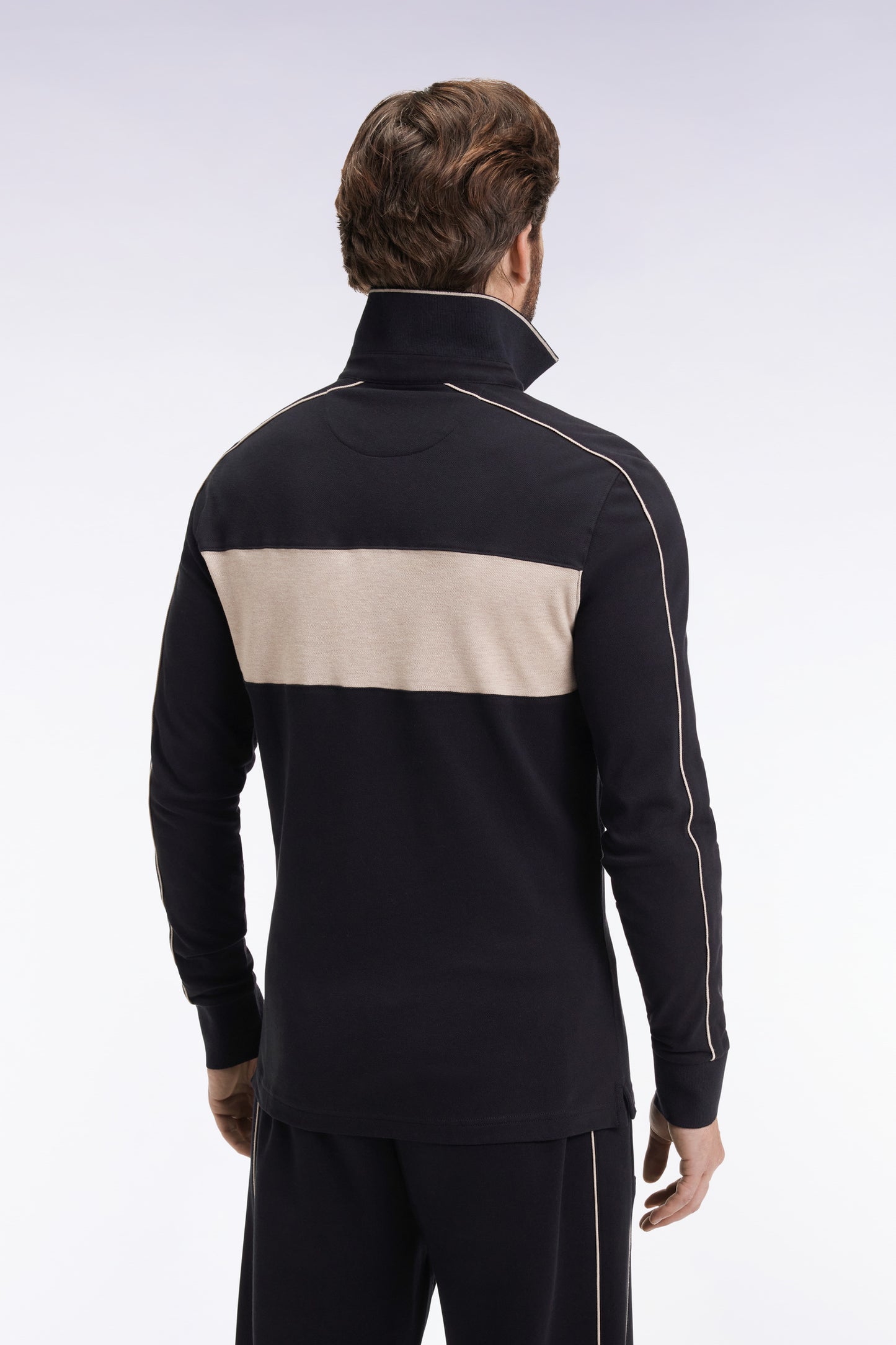 Three-tone long-sleeved polo shirt in black stretch cotton, slim fit