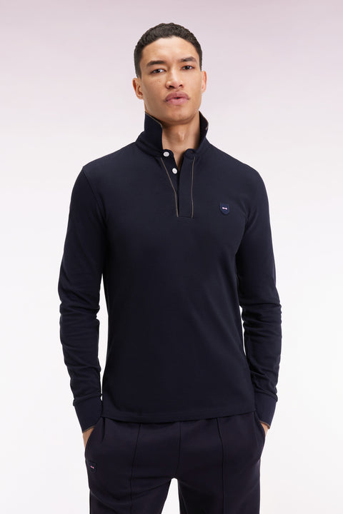 Polo à manches longues en coton stretch marine passepoilé coupe slim - Image 3