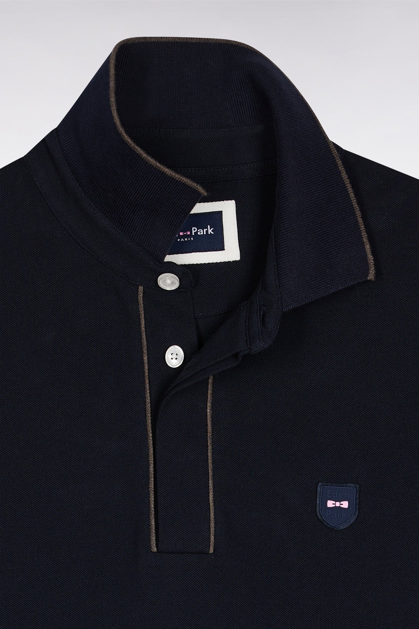 Long-sleeved polo shirt in navy stretch cotton with piping, slim fit