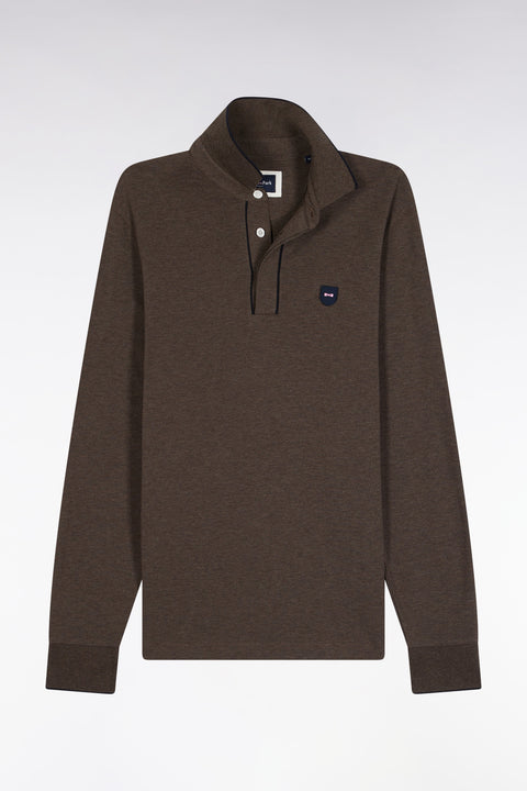 Polo à manches longues en coton stretch marron passepoilé coupe slim - Image 2