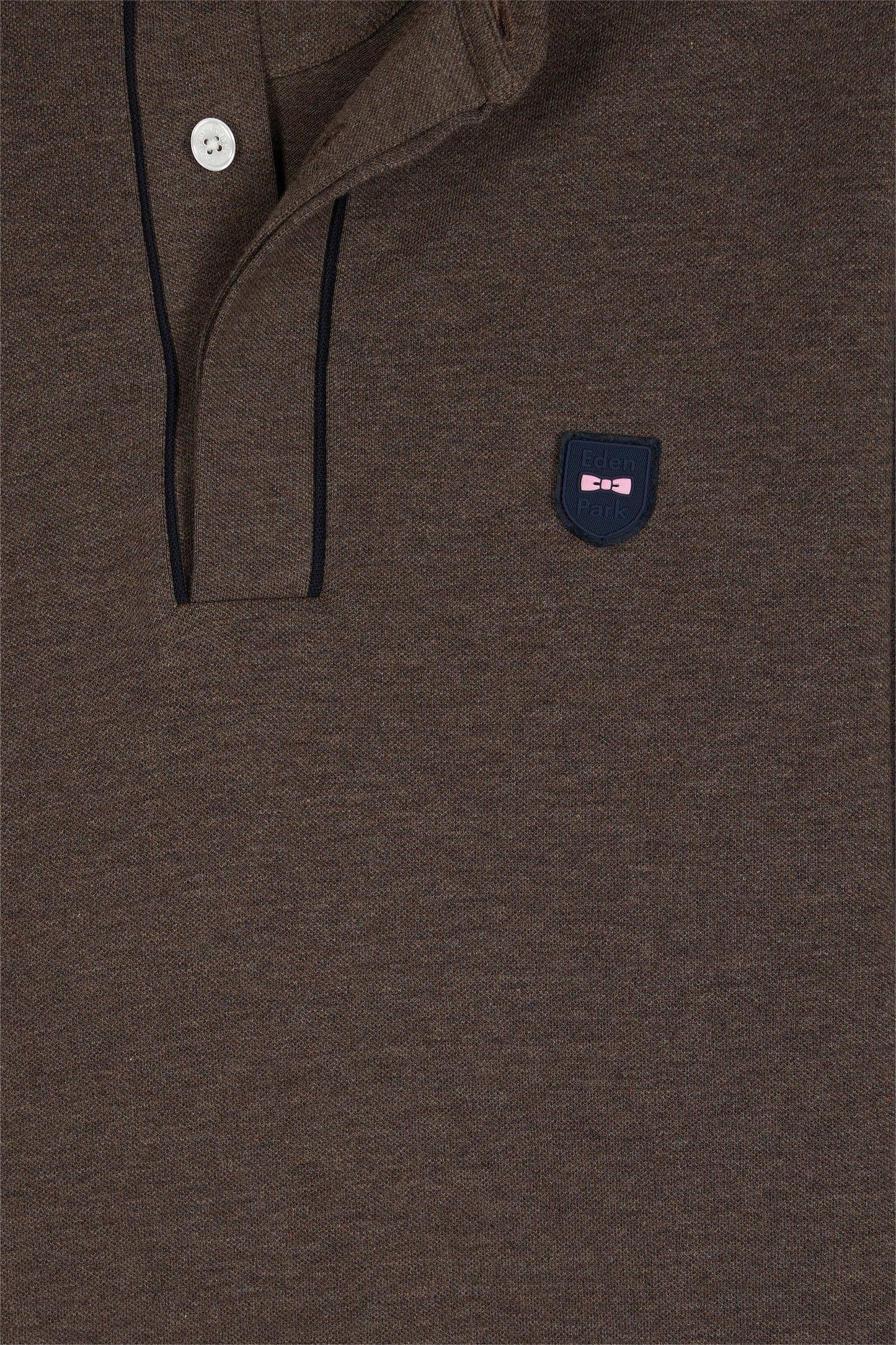 Long-sleeved polo shirt in brown stretch cotton with piping, slim fit