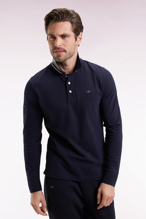 Long-sleeved polo shirt in navy cotton, embroidered, straight cut - Image 3