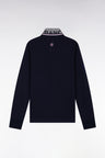 Long-sleeved polo shirt in navy cotton, embroidered, straight cut