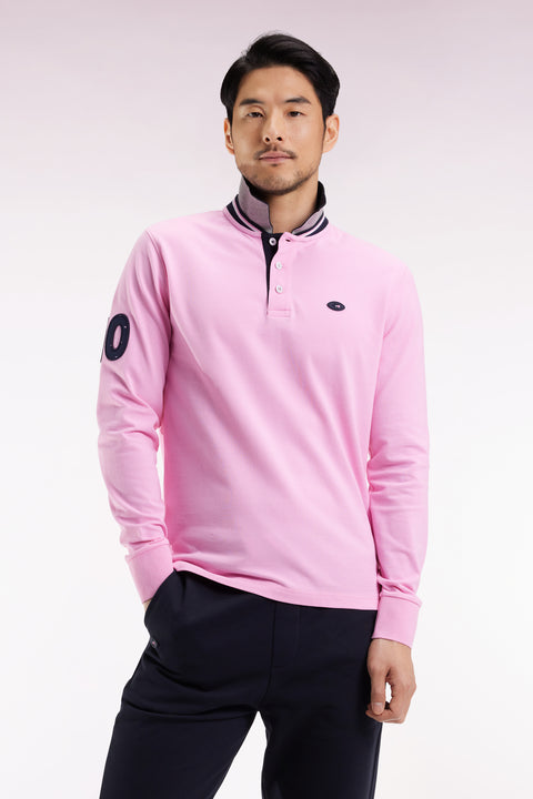 Long-sleeved polo shirt in pink cotton with embroidery, straight cut - Image 3