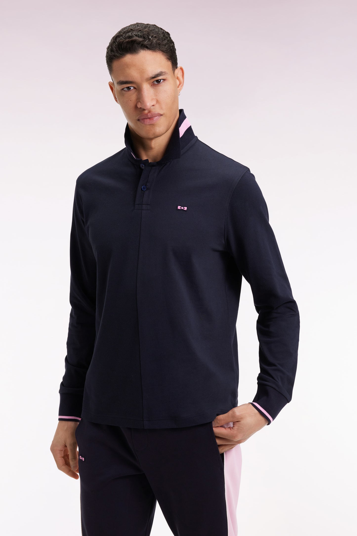 Long-sleeved polo shirt in navy cotton piqué with pink piping Relaxed fit