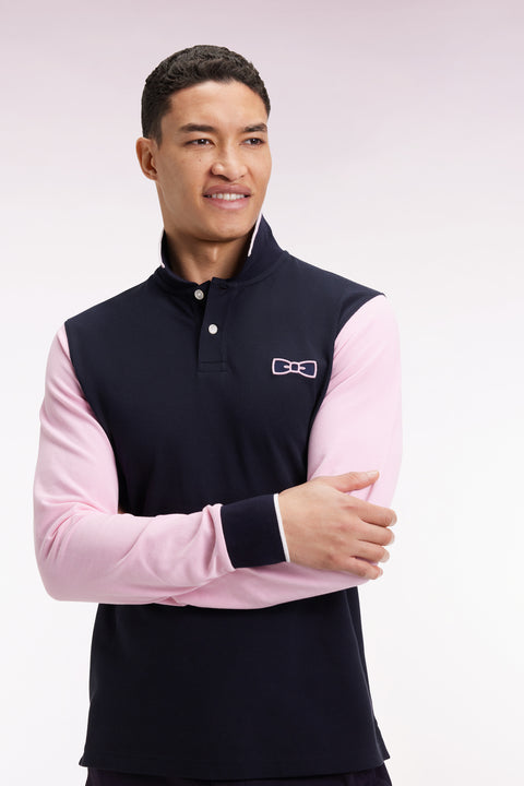 Two-tone navy and pink long-sleeved polo with bow tie - Image 1