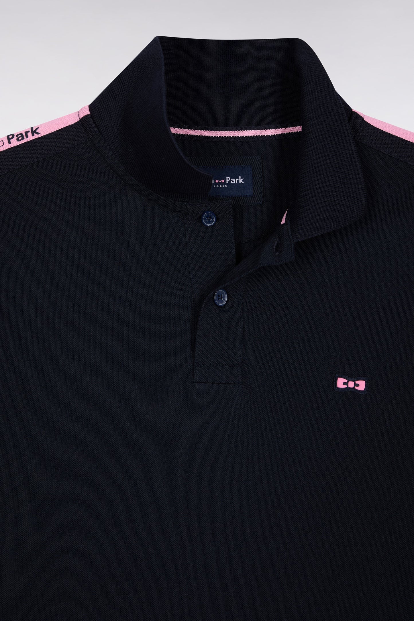 Long-sleeved polo shirt in navy cotton piqué with pink ribbon logo